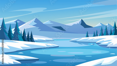 A stark landscape of frozen lakes their surfaces shimmering in the pale light.