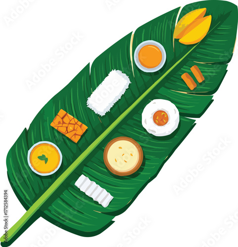 Cultural Illustrations: Indian Art & Ritual Objects Vector illustration -- Traditional Onam Sadhya Banana Leaf Plate
