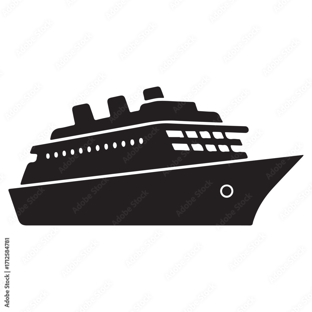 Obraz premium Cruise Ship Silhouette Isolated on White Background Traveling by Sea for Vacation and Holiday with Detailed Deck and Smokestacks