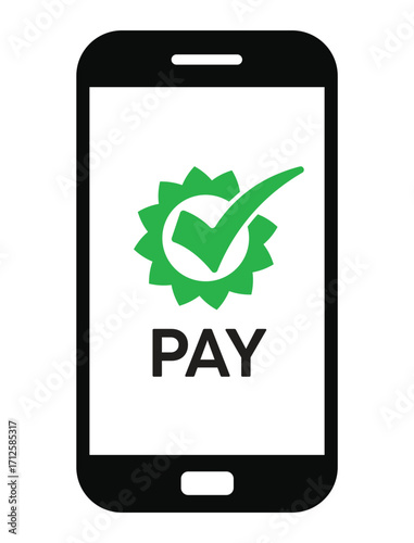 Vector illustration of a smartphone with "PAY" text and a green checkmark, symbolizing successful mobile payment confirmation. Clean, flat design on white background.