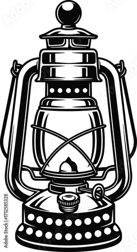 Vintage kerosene lantern illustration, black and white vector, rustic lighting device, antique lamp drawing, historical light source,