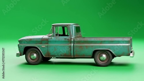 A weathered, teal-colored vintage pickup truck model stands against a vibrant green background.