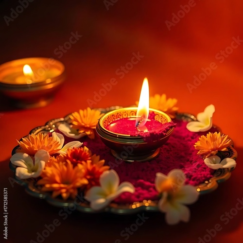Warm glow of a lit diya adorned with colorful flowers and vibrant rangoli powder on a festive occasion
