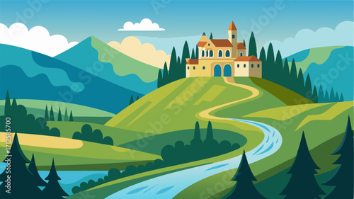 A quaint country manor perched on a hill with sweeping views of verdant valleys and meandering rivers bordered by rows of graceful pines.