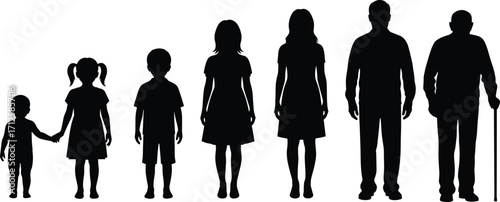 Human life stages, crawling baby, school child, young adult, working man, elderly with cane, silhouette progression, black vector, white background,