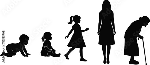 Female life stages, woman aging process, baby to elderly, silhouette timeline, black vector, white background, chronological growth, age progression,