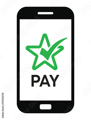 Vector illustration of a smartphone with "PAY" text and a green checkmark, symbolizing successful mobile payment confirmation. Clean, flat design on white background.