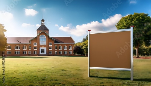 blank signboard mockup situated on a school campus bulletin board for showcasing event posters of educational institutions and activities