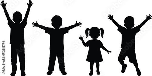 Children silhouette vector, kids raising arms, playful poses illustration, black isolated figures, preschool activity icons, jumping child,