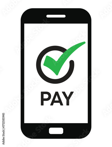 Vector illustration of a smartphone with "PAY" text and a green checkmark, symbolizing successful mobile payment confirmation. Clean, flat design on white background.