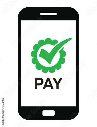 Vector illustration of a smartphone with "PAY" text and a green checkmark, symbolizing successful mobile payment confirmation. Clean, flat design on white background.