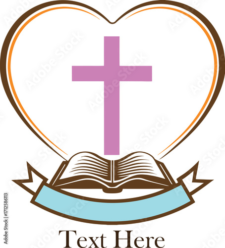 Open book with cross and heart outline ribbon vector.