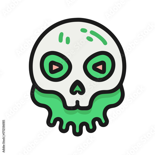 Toxic Skull Icon: A haunting cartoon illustration featuring a skull, its features highlighted by a vivid palette of neon green and subtle grayscale elements.