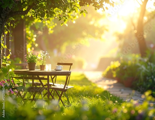 Outdoor garden table at sunrise