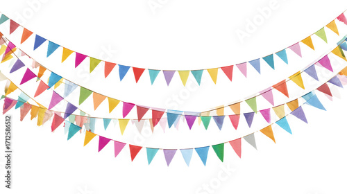 Colorful festive bunting flags hanging, bright celebration decoration, isolated on white background.