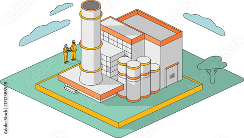 Isometric industrial factory with smokestacks, storage tanks, tower, refinery, energy plant, 3D illustration, modern manufacturing