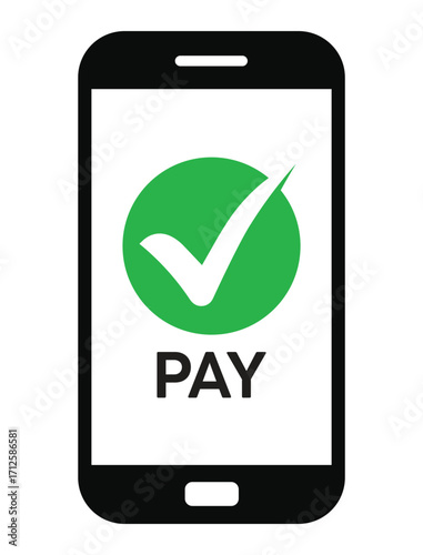 Vector illustration of a smartphone with "PAY" text and a green checkmark, symbolizing successful mobile payment confirmation. Clean, flat design on white background.