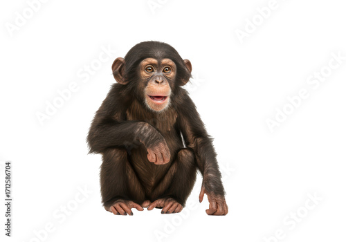 Canvas Print Isolated Chimpanzee sitting with open mouth, looking at camera, in full view, pr