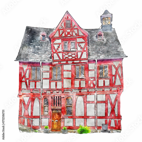 Artistic Watercolor Painting of a Traditional German Timber Frame House Facade