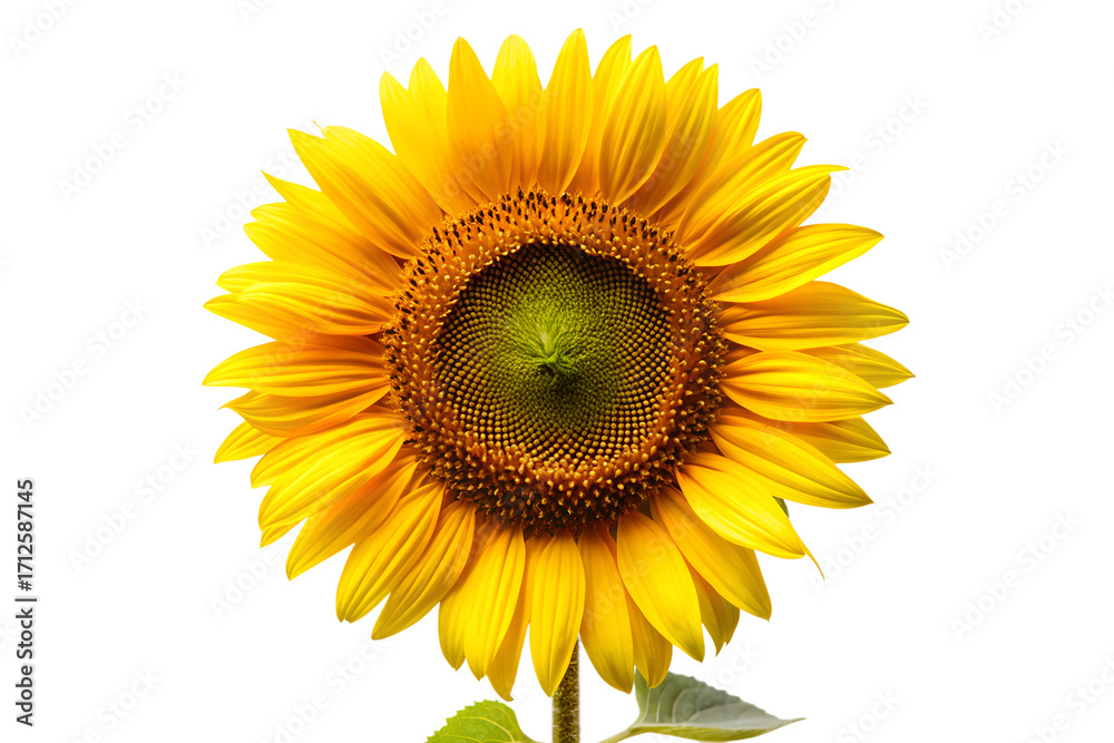 Obraz premium Closeup of a bright yellow sunflower isolated on transparent background, showcasing its vibrant petals and intricate center details