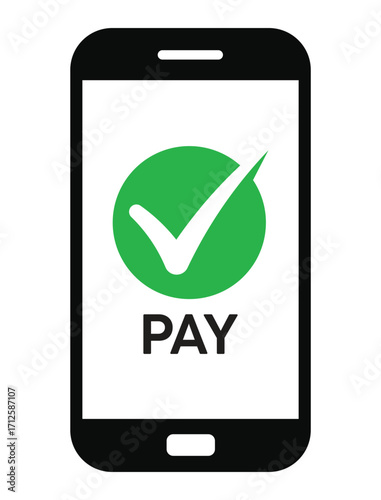 Vector illustration of a smartphone with "PAY" text and a green checkmark, symbolizing successful mobile payment confirmation. Clean, flat design on white background.