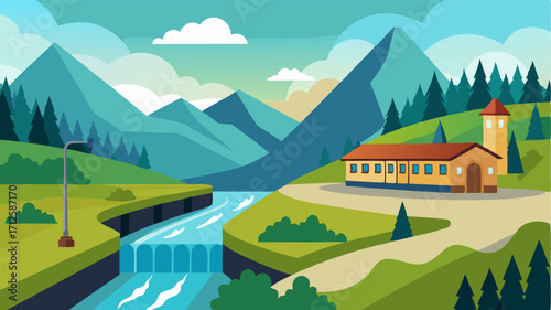 A serene setting for the train station nestled in a valley with a babbling brook running alongside the tracks.