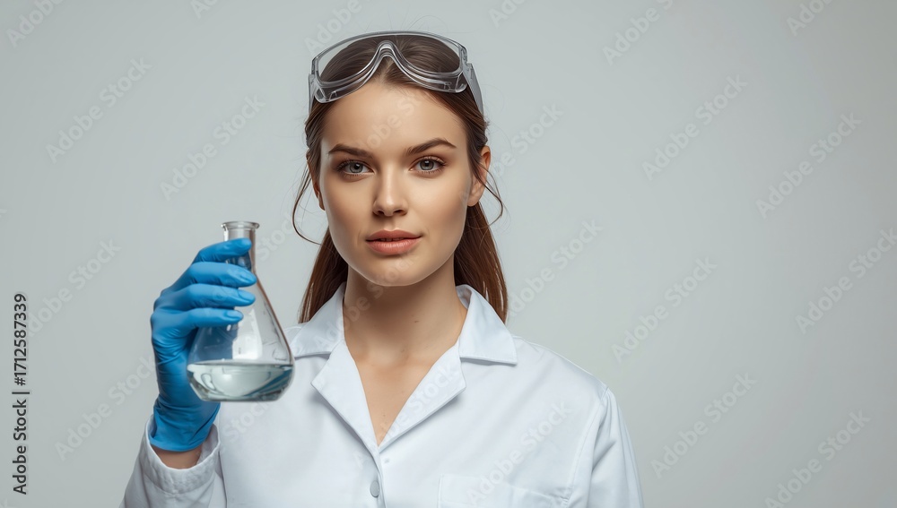 Fototapeta premium Beautiful scientist woman in lab coat holding flask chemical research science experiment laboratory analysis