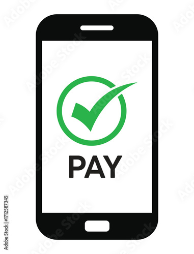 Vector illustration of a smartphone with "PAY" text and a green checkmark, symbolizing successful mobile payment confirmation. Clean, flat design on white background.