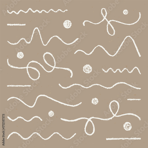 Children's Abstract Chalk Drawn Sketch. Set of Design Elements White Lines and Circles Isolated on Craft Paper.