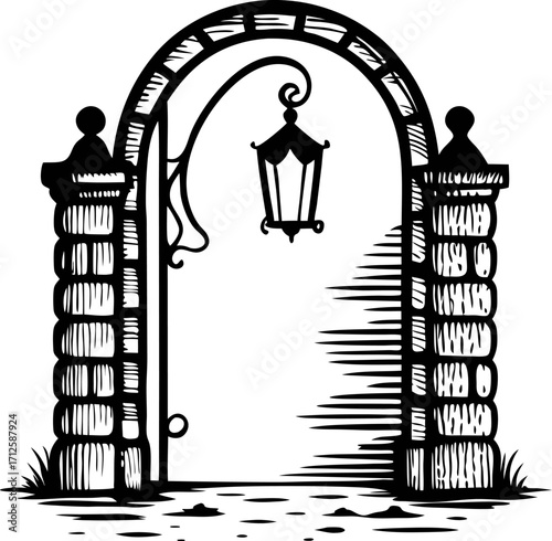 Vintage engraved stone archway with lantern and cobblestone path in black and white sketch