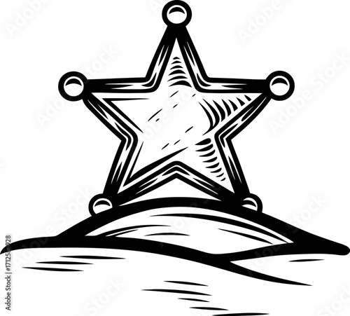 Hand drawn sheriff star badge with engraved vintage lines on white background illustration