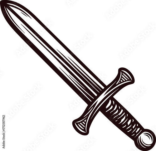 Hand drawn medieval sword illustration with ornate hilt and detailed blade engraving on white background