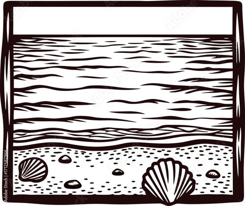 Seashells resting on sandy beach shoreline with gentle ocean waves in monochrome engraved illustration