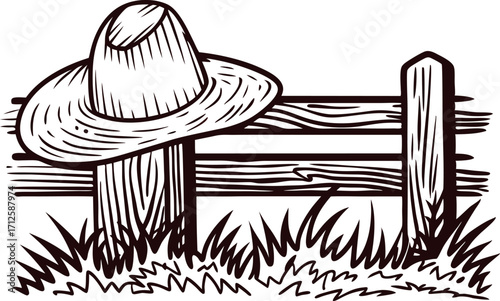 Hand drawn illustration of straw hat hanging on wooden fence in grassy field