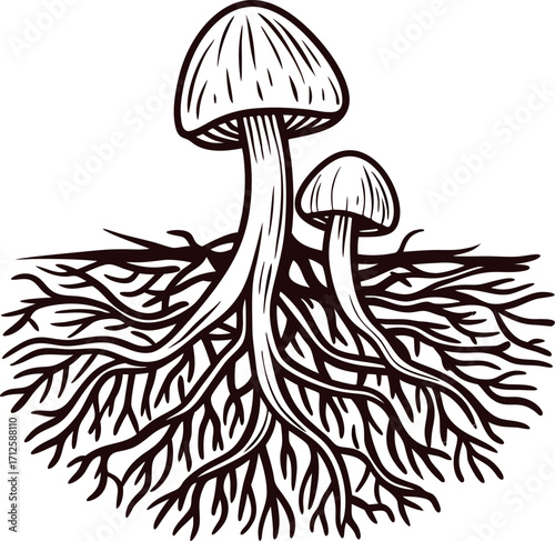 hand drawn illustration of mushrooms with interconnected roots and mycelium on white background