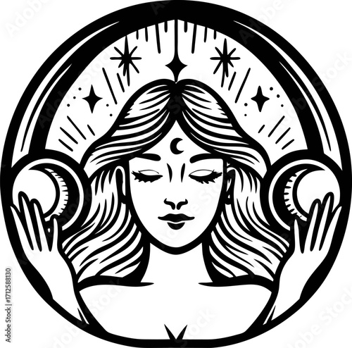 Mystical woman with crescent moon symbol, holding orbs under stars in decorative circular frame, black and white illustration