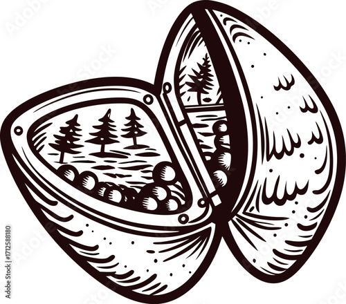 Open clam shell with forest landscape and pine trees, engraved black and white nature illustration