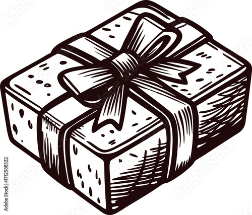 Hand drawn vintage gift box with ribbon and bow retro engraved sketch illustration isolated on white background