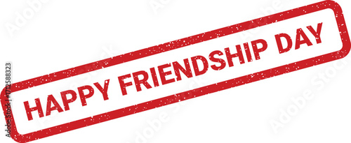 Rectangular distressed stamp announcing Happy Friendship Day with textured, grunge appearance