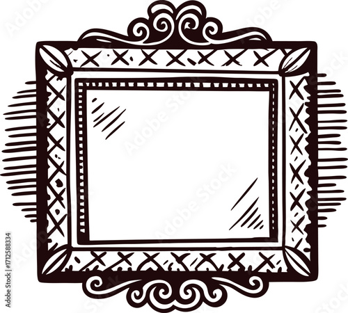 Ornate vintage rectangular picture frame with decorative scrollwork and detailed engraved border illustration