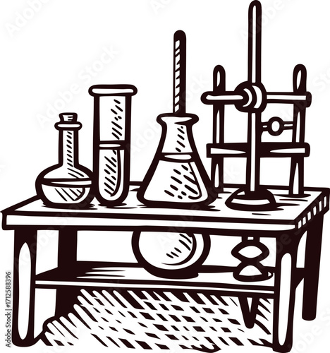 Hand drawn vintage chemistry laboratory table with glass flasks, tripod stand, and scientific equipment illustration