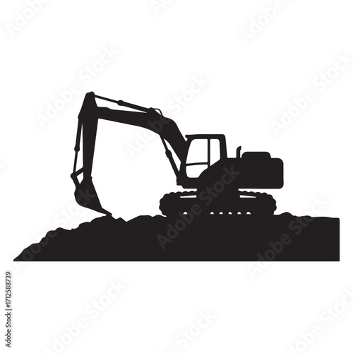 Excavator silhouette digging into a pile of earth black and white vector construction equipment heavy machinery construction site