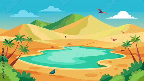 Amidst the endless dunes a verdant oasis oasis awaits with a vibrant oasis of greenery and a tranquil watering hole surrounded by a chorus of chirping birds.