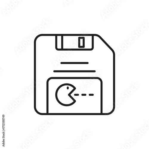 A floppy disk with a PacMan game displayed. Line icon. Editable stroke
