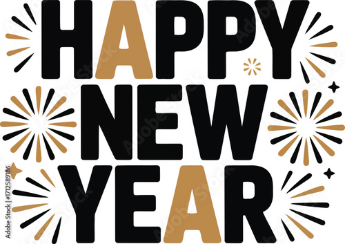 Happy new year text with gold and black colors and festive fireworks bursting around the words