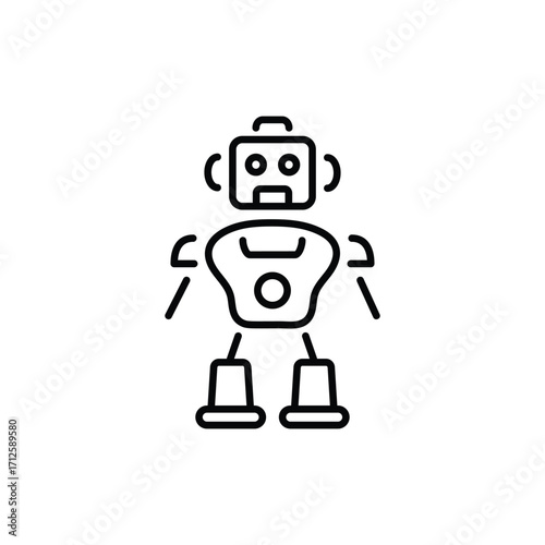 A line drawing of a robot with a rectangular head round eyes and a body with a circular button. Line icon. Editable stroke
