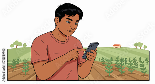 Young farmer uses mobile app to manage crops in agricultural field. Young farmer with smartphone for agricultural technology and crop management.