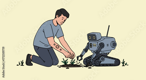 Man and robot gardening, planting seedlings and assisting with domestic duties on farm. Man gardening alongside helpful robot illustrates teamwork between humans and AI,