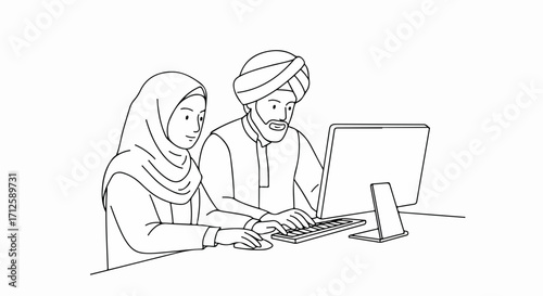 Muslim man and woman working together on computer at desk, collaborative team engaged on project. Muslim colleagues in collaborative team setting are leveraging digital tools for project advancement,