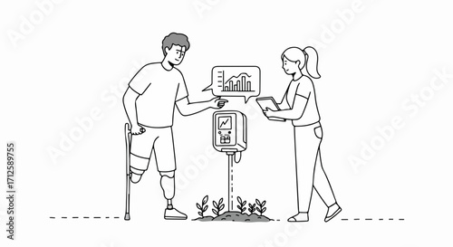 Smart farming concept with people analyzing plant growth data. Smart farming scene shows man with prosthetic leg and woman with tablet, observing sensor data in field.